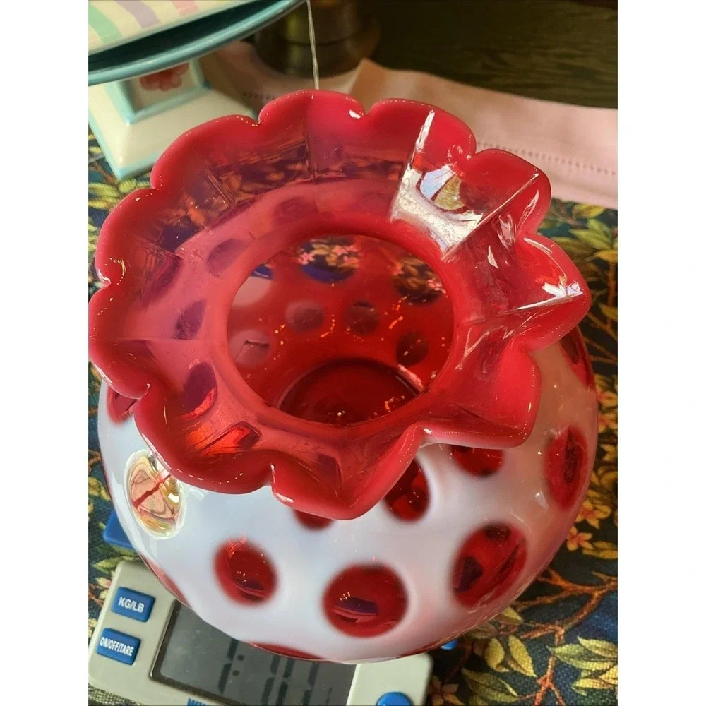Vintage FENTON MCM Cranberry Opalescent Coin‎ Dot Art Glass Vase 6.5